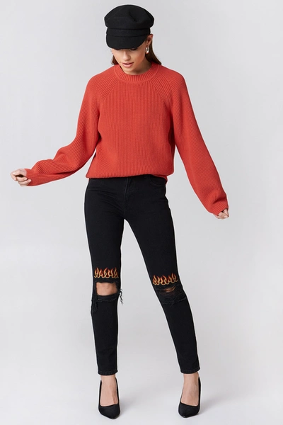 Shop Na-kd Ripped Knee Flame Embroidery Jeans Black