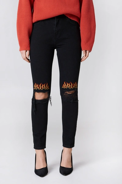Shop Na-kd Ripped Knee Flame Embroidery Jeans Black