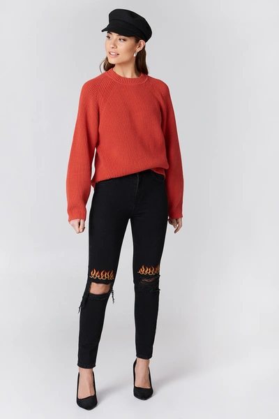 Shop Na-kd Ripped Knee Flame Embroidery Jeans Black