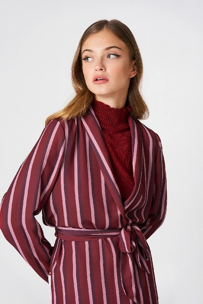 Shop Na-kd Side Slit Tied Waist Blazer Red In Burgundy Triple Stripes