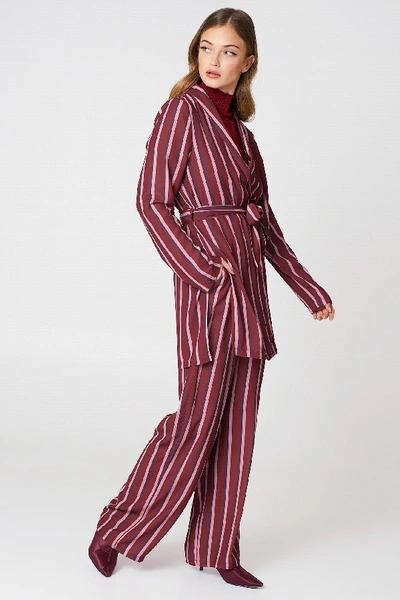 Shop Na-kd Side Slit Tied Waist Blazer Red In Burgundy Triple Stripes