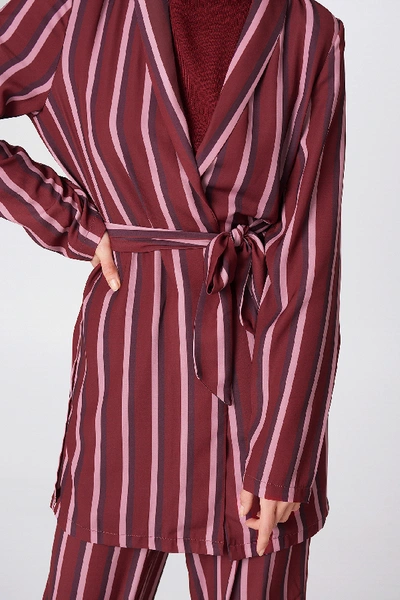 Shop Na-kd Side Slit Tied Waist Blazer Red In Burgundy Triple Stripes