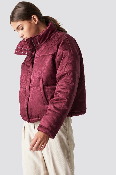 Shop Na-kd Shiny Jacquard Puff Jacket Red In Burgundy