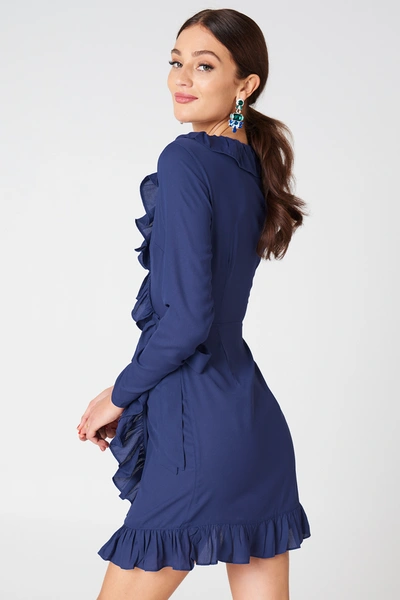 Shop Na-kd Long Sleeve Wrap Frill Dress - Blue In Dark Blue