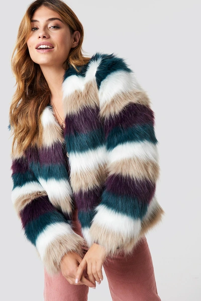 Shop Na-kd Striped Faux Fur Jacket Multicolor In Burgundy/petrol/white/beige