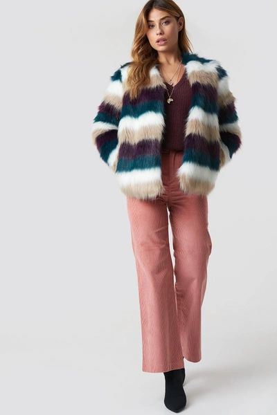 Shop Na-kd Striped Faux Fur Jacket Multicolor In Burgundy/petrol/white/beige