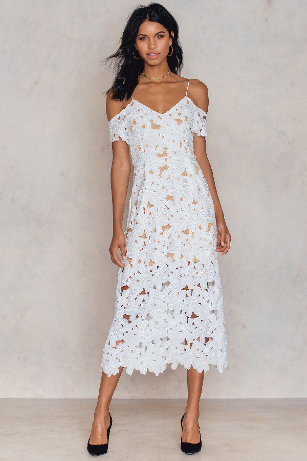 white cold shoulder midi dress