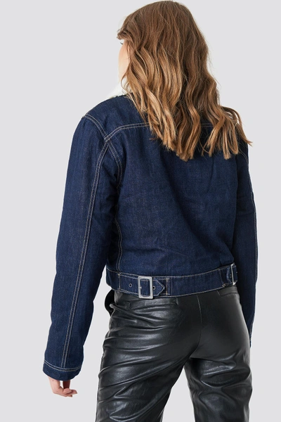 Shop Na-kd Teddy Denim Biker Jacket Blue In Dark Blue