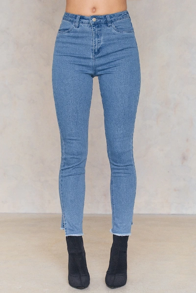 Shop Na-kd Highwaist Long Side Slit Jeans Blue In Light Blue