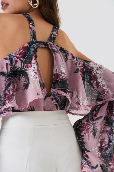 Shop Glamorous Halter Ruffle Print Top - Pink,multicolor In Pink Palm Floral