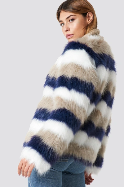 Shop Na-kd Striped Faux Fur Jacket Multicolor In Beige/white/blue