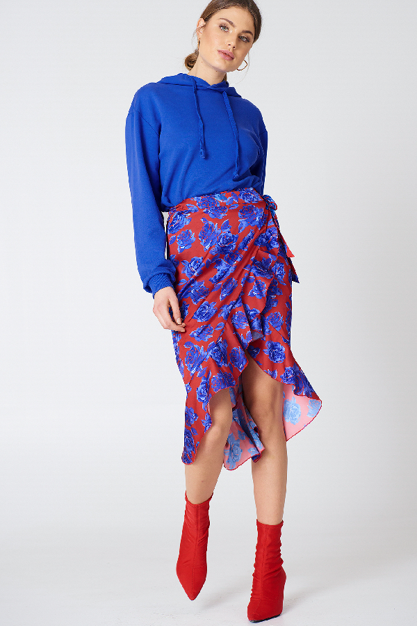 wrap over satin frill dress
