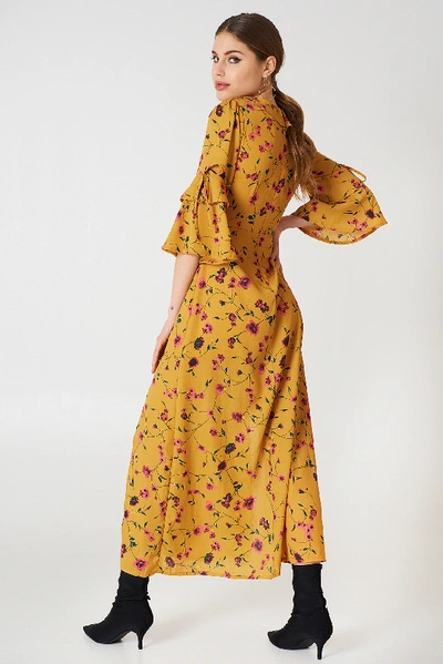 Shop Glamorous Short Sleeve Midi Dress - Multicolor,yellow In Mustard Floral