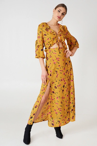 Shop Glamorous Short Sleeve Midi Dress - Multicolor,yellow In Mustard Floral