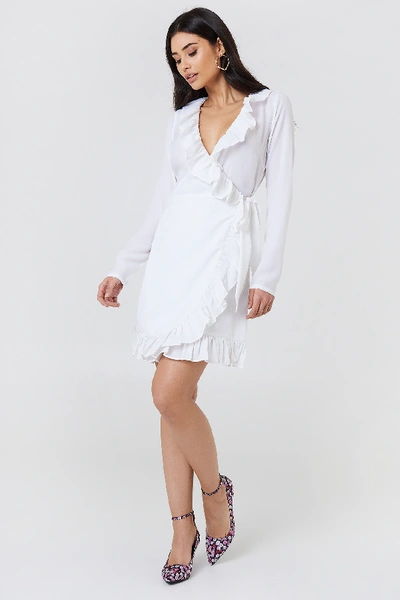 Shop Na-kd Long Sleeve Wrap Frill Dress - White