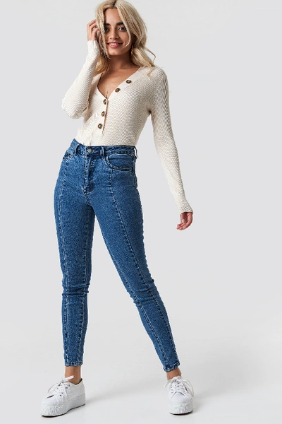 Shop Na-kd Highwaist Skinny Panel Jeans Blue In Mid Blue