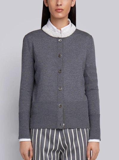 Shop Thom Browne Pearl Applique Wool Crewneck Cardigan In Grey