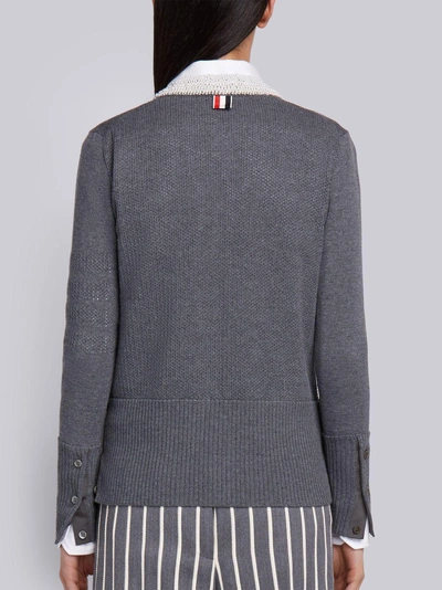 Shop Thom Browne Pearl Applique Wool Crewneck Cardigan In Grey