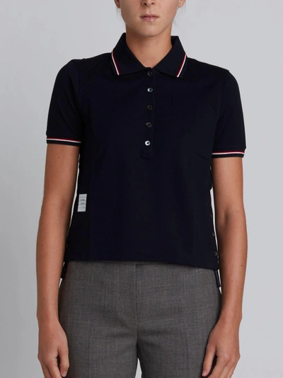 Shop Thom Browne Short Sleeve Polo Shirt In Navy Fine Mercerized Pique In Blue