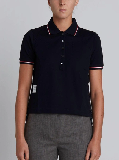Shop Thom Browne Short Sleeve Polo Shirt In Navy Fine Mercerized Pique In Blue