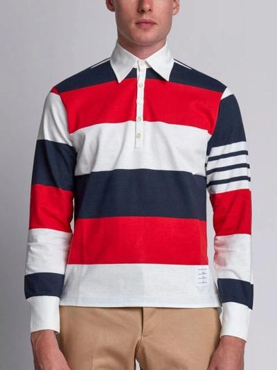 Shop Thom Browne Ls Polo In Rugby Stripe W/ Engineered 4-bar In Red