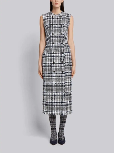 Shop Thom Browne Frayed  Tartan Check Cardigan Dress In Reflective Yarn Tweed In Grey