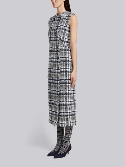 Shop Thom Browne Frayed  Tartan Check Cardigan Dress In Reflective Yarn Tweed In Grey