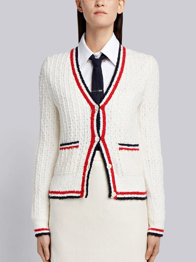 Shop Thom Browne Wool Blend V-neck Cardigan In White