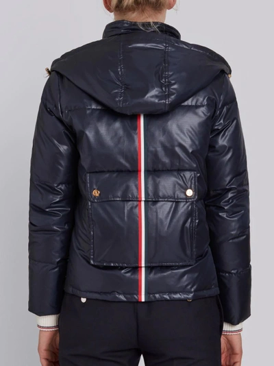 Shop Thom Browne Lightweight Downfill Jacket With Removable Hood & Red, White And Blue Heat Tape Trim In