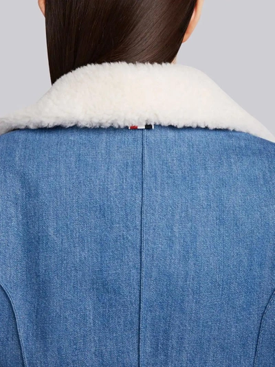 Shop Thom Browne Shearling Collar Cropped Denim Jacket In Blue