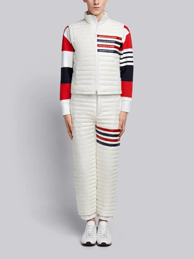 Shop Thom Browne 4-bar Stripe Downfill Quilted Funnel Neck Vest In Satin Finish Tech In White