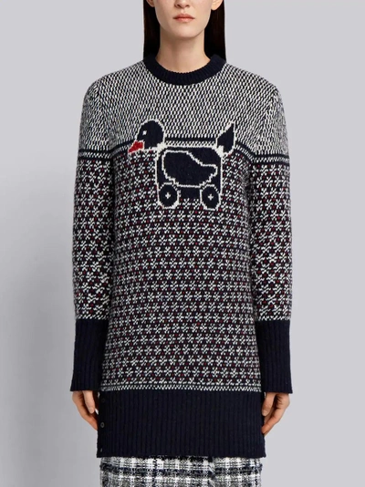 Shop Thom Browne Pullover Dress With Duck Toy Icon In Mohair Tweed In Blue