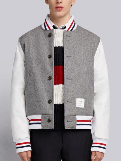 Shop Thom Browne Button Front Melton Wool Varsity Jacket In Grey