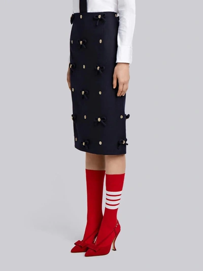 Shop Thom Browne Crystal Bow Applique Sheath Skirt In Flannel In Blue