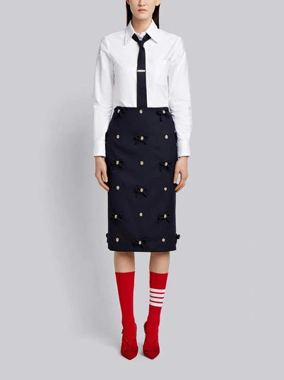 Shop Thom Browne Crystal Bow Applique Sheath Skirt In Flannel In Blue