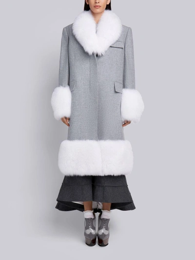 Shop Thom Browne Oversized Flannel Chesterfield Coat With Fox Fur Trim In Grey