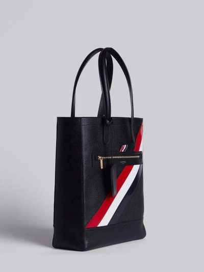 Shop Thom Browne Tote In Black Pebble Grain Red, White And Blue Diagonal Stripe In Calf Leather