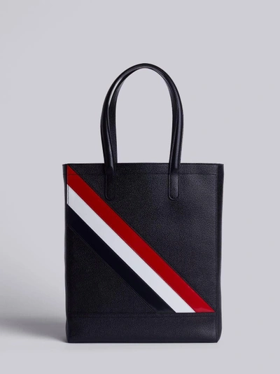 Shop Thom Browne Tote In Black Pebble Grain Red, White And Blue Diagonal Stripe In Calf Leather