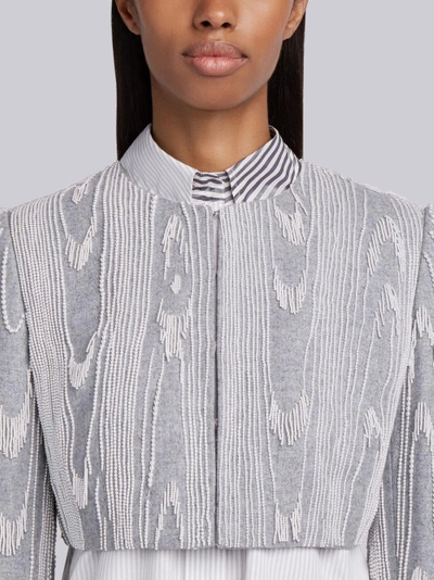 Shop Thom Browne Pearl Fringe Moire Embroidery Cardigan Jacket In Grey