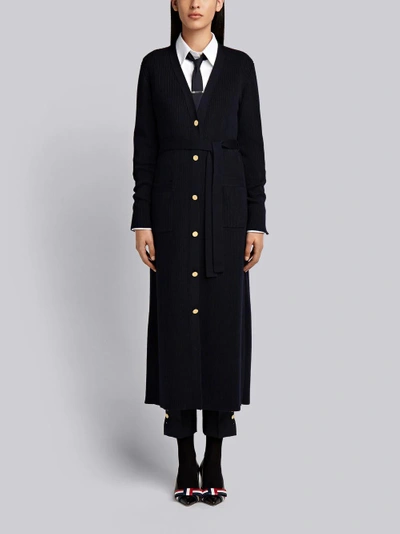 Shop Thom Browne Navy Fine Merino Wool Half-and-half Rib Knit Center Back Stripe Long V-neck Cardigan In Blue