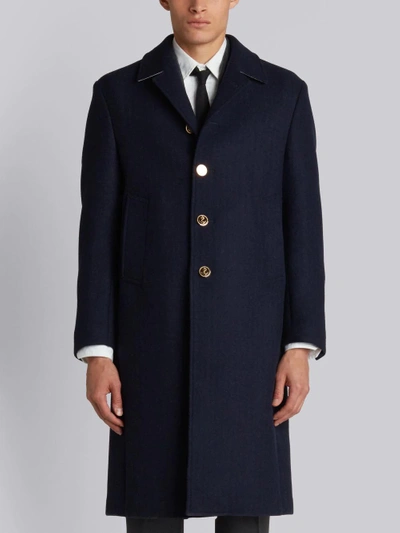Shop Thom Browne Relaxed Bal Collar Overcoat Shell In Navy Double Face Melton In Blue