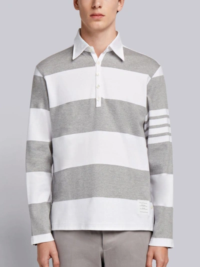 Shop Thom Browne Rugby Stripe Relaxed Fit Long Sleeve Polo In Grey
