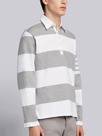 Shop Thom Browne Rugby Stripe Relaxed Fit Long Sleeve Polo In Grey