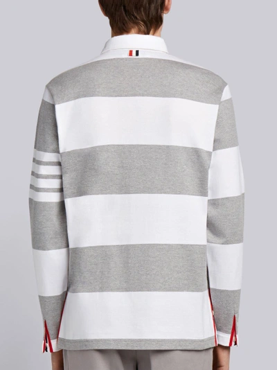 Shop Thom Browne Rugby Stripe Relaxed Fit Long Sleeve Polo In Grey