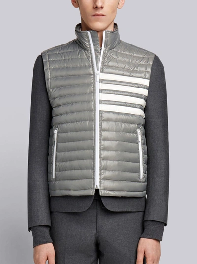 Shop Thom Browne 4-bar Stripe Downfill Quilted Funnel Neck Vest In Satin Finish Tech In Grey