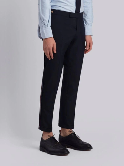 Shop Thom Browne Low Rise Skinny Trouser With Red, White And Blue Selvedge Back Leg Placement In School Uniform Plain
