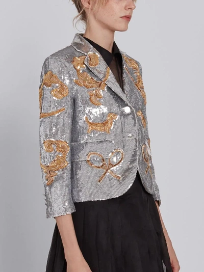 Shop Thom Browne Classic Single Breasted Sport Coat In Organza With Multi Icon Filigree Embroidery In Metallic