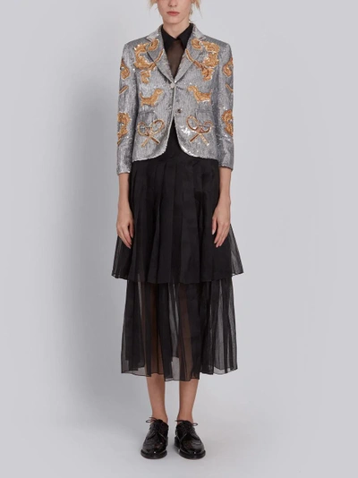 Shop Thom Browne Classic Single Breasted Sport Coat In Organza With Multi Icon Filigree Embroidery In Metallic