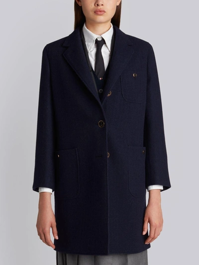 Shop Thom Browne Unlined Button Back Sack Overcoat In Navy Solid Double Face Melton In Blue