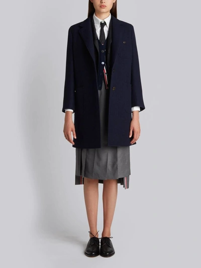 Shop Thom Browne Unlined Button Back Sack Overcoat In Navy Solid Double Face Melton In Blue
